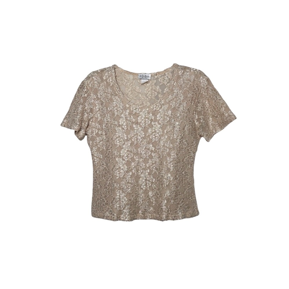 3/$20💥 Vintage Cropped Short Sleeve‎ Top Shimmery Beige Floral Lace Blouse